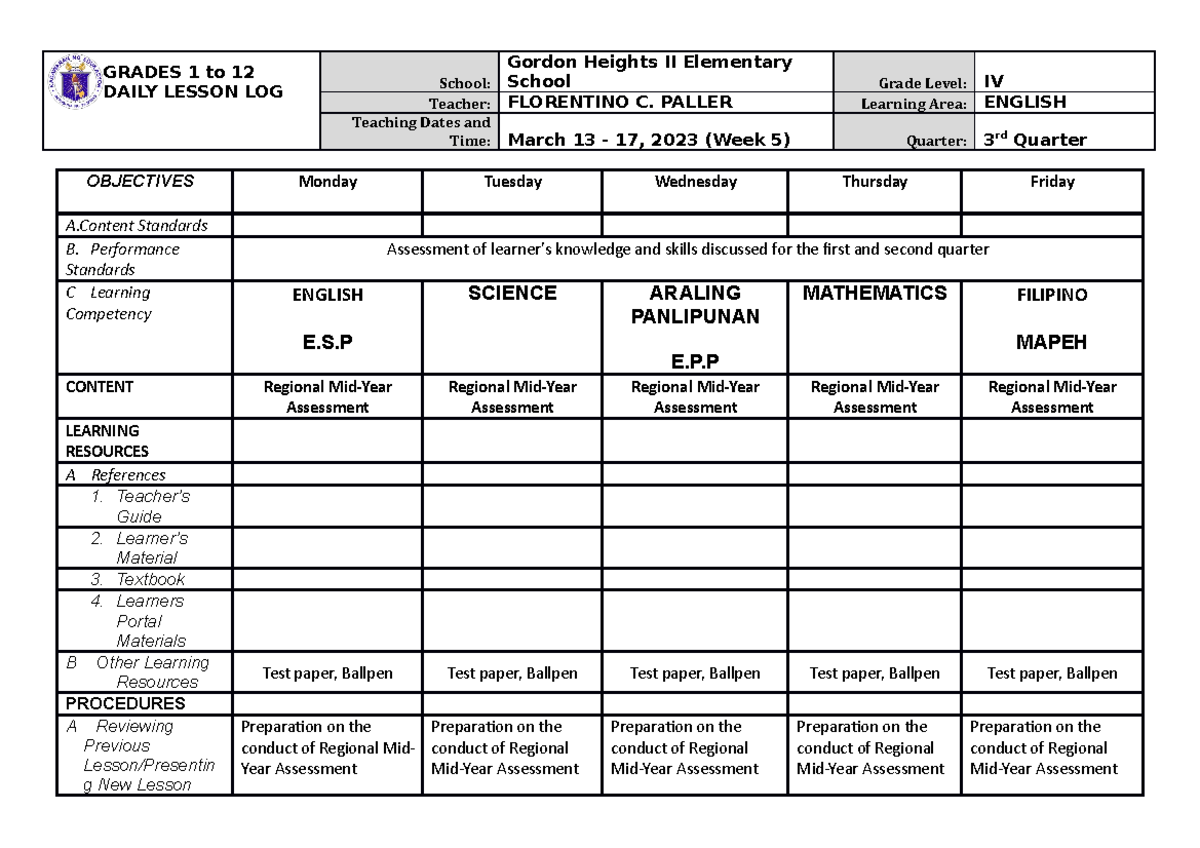 Grade 4 English DLL Week 5 Lesson Plan - 3rd Quarter - Studocu