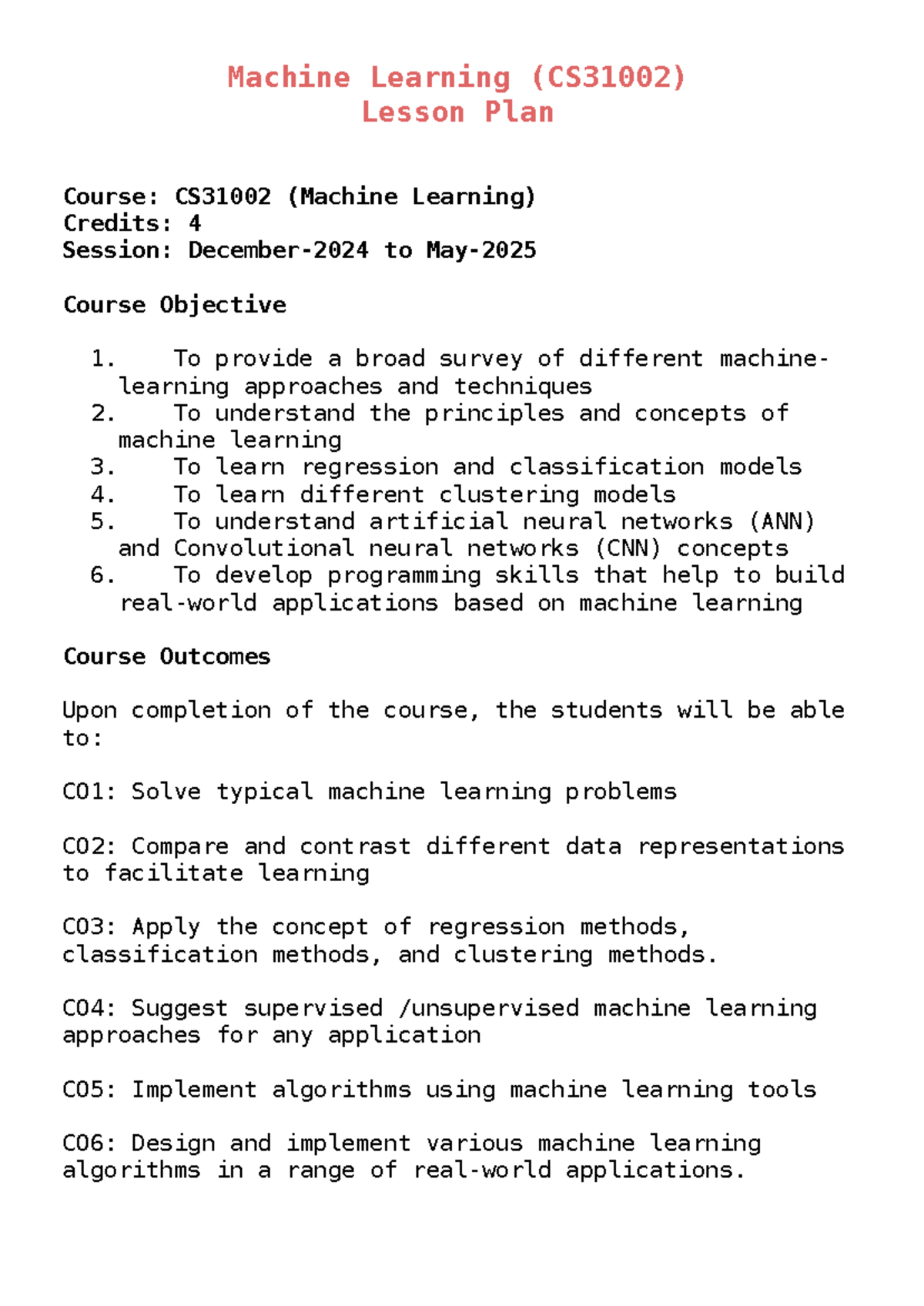 Machine Learning Lesson Plan - Machine Learning (CS31002) Lesson Plan ...