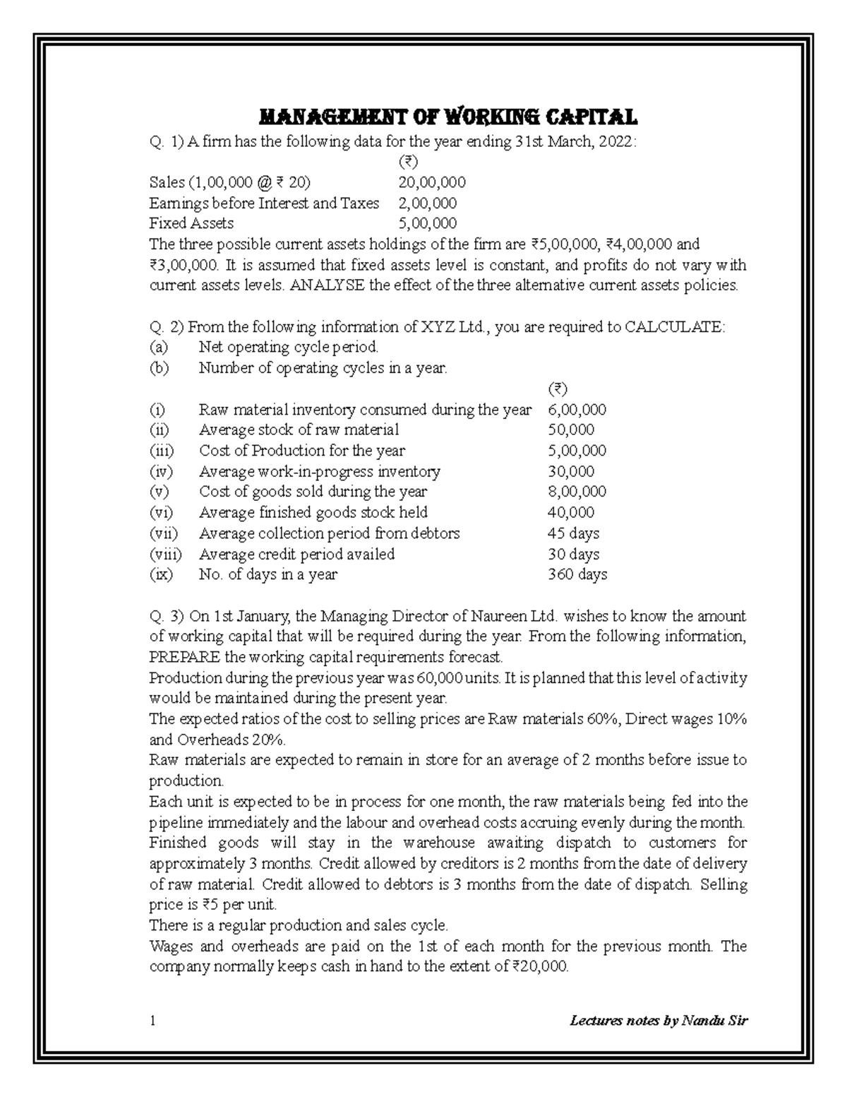 CA Inter FM Notes - Working Capital Management & Key Sums - Studocu