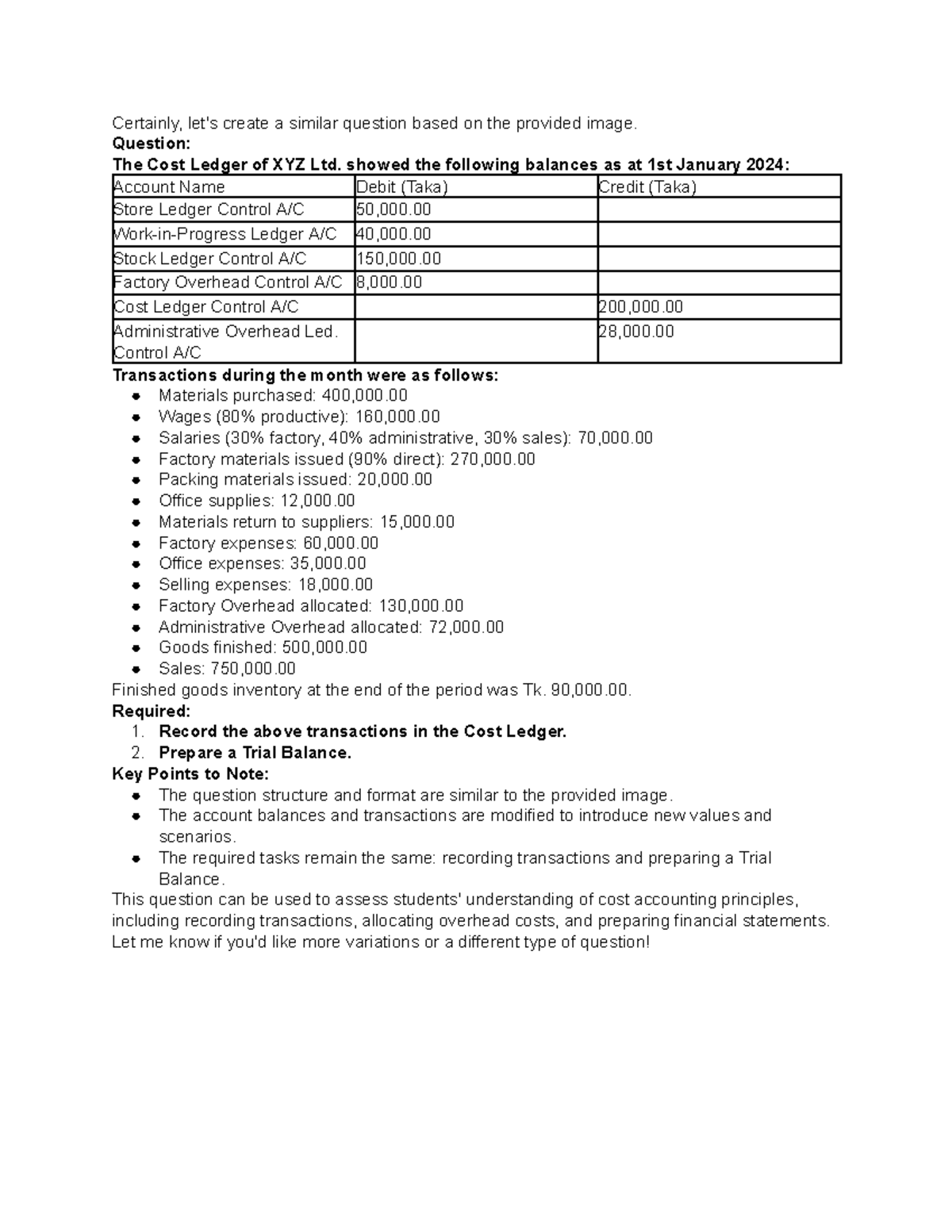 Cost Accounting Practice Question for ACC 101: Ledger & Trial Balance ...