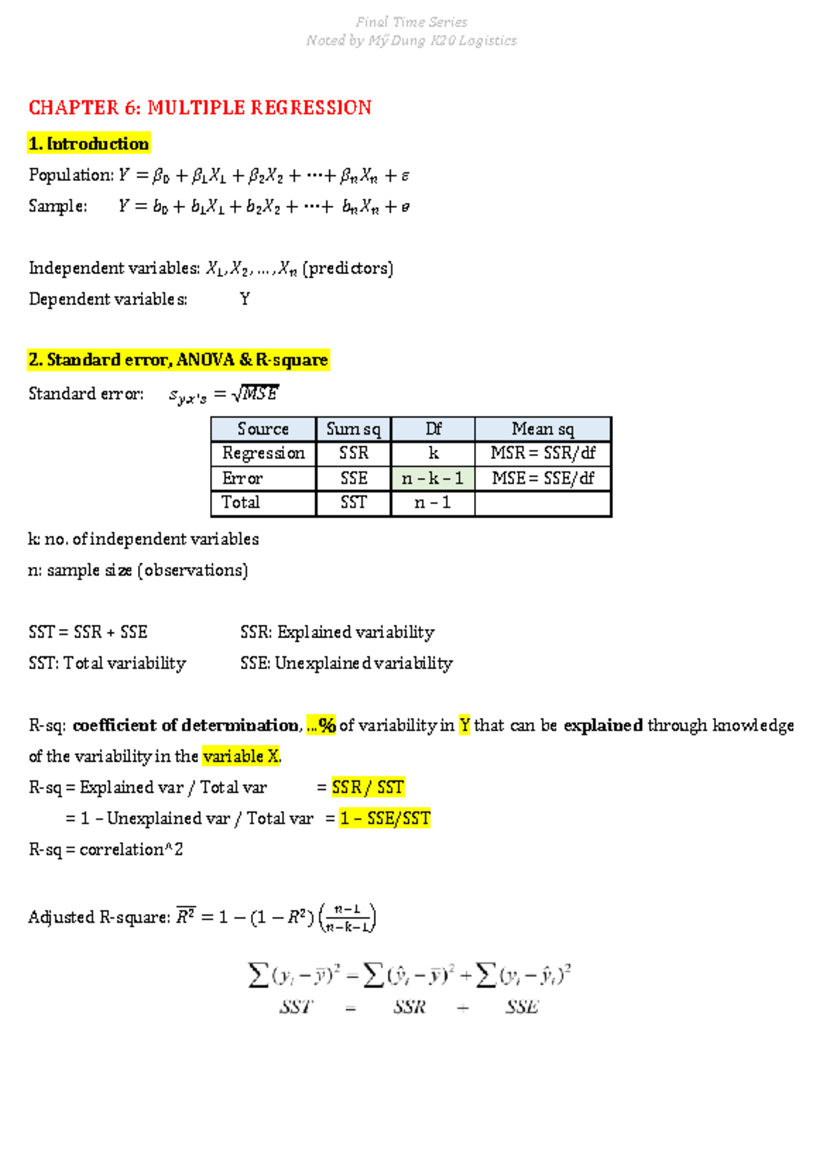 Time Series Final review 2 - Noted by Mỹ Dung K20 Logistics CHAPTER 6 ...