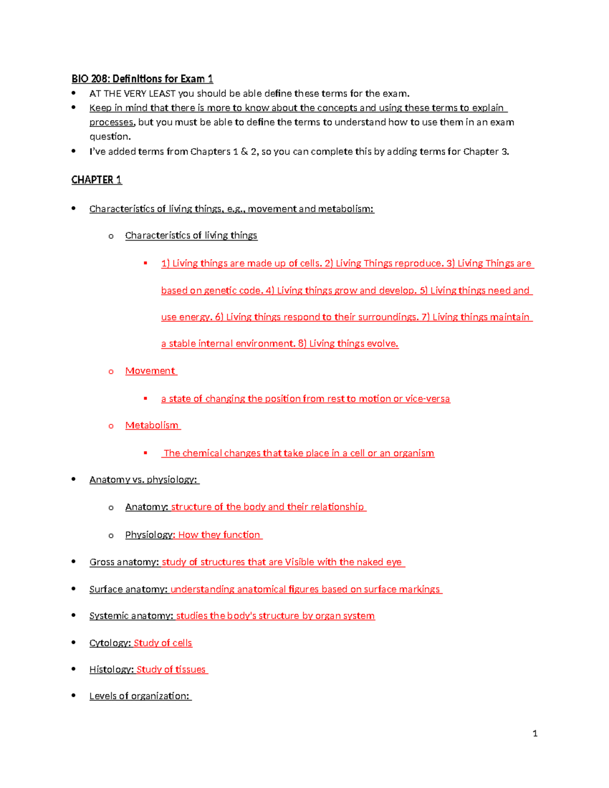 BIO 208: Essential Terms and Concepts for Exam 1 Review - Studocu
