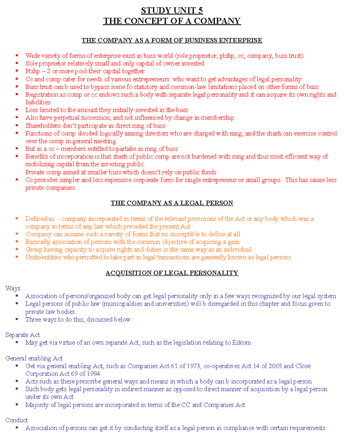 CLA2601 Study Unit 5: Understanding the Company as a Business Entity ...