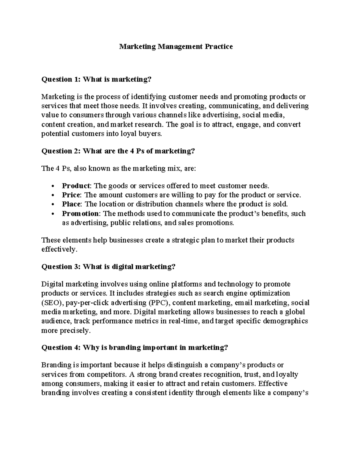 MKT 101 - Marketing Management Practice: Key Concepts and Strategies ...