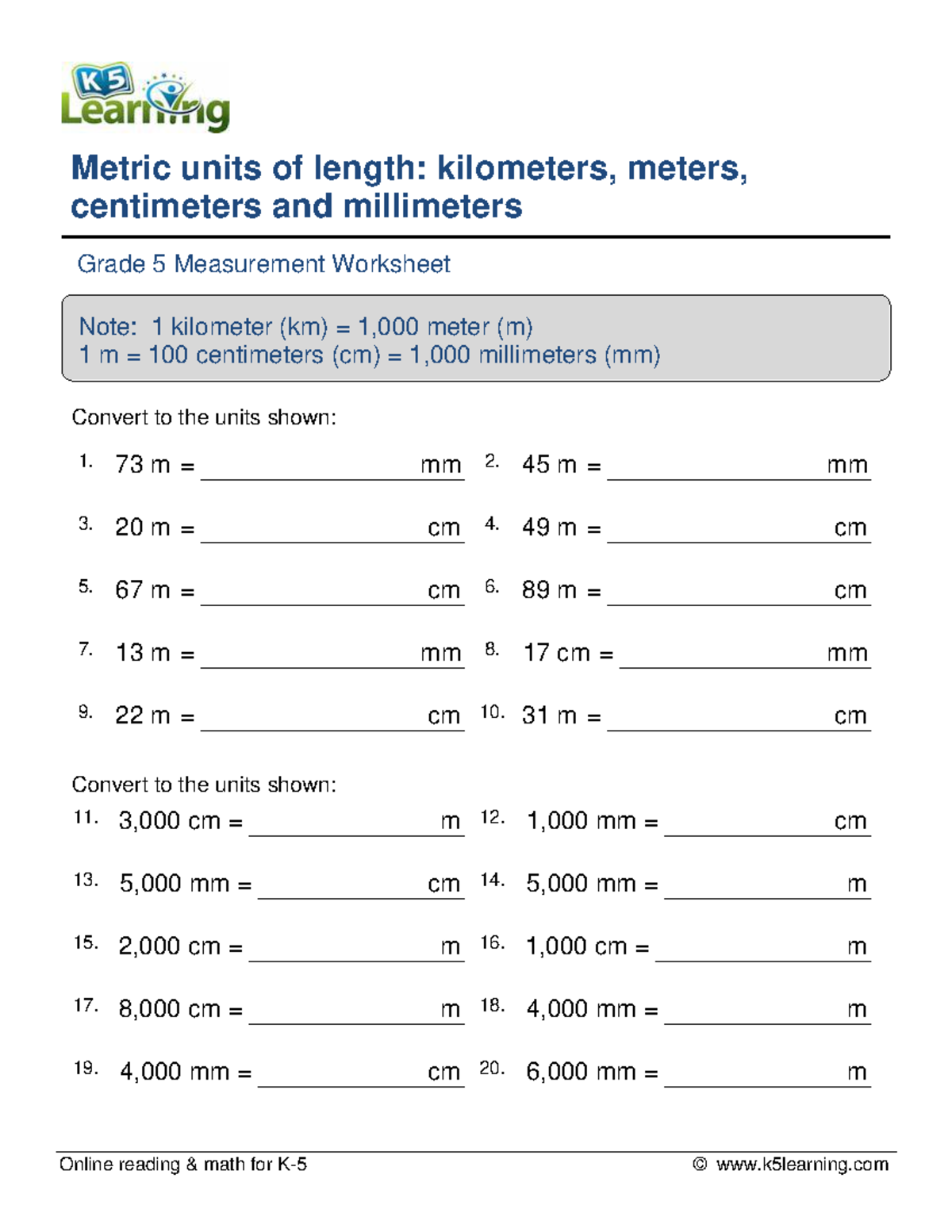 Grade 5 Measurement Worksheet: Metric Units of Length (km, m, cm, mm ...