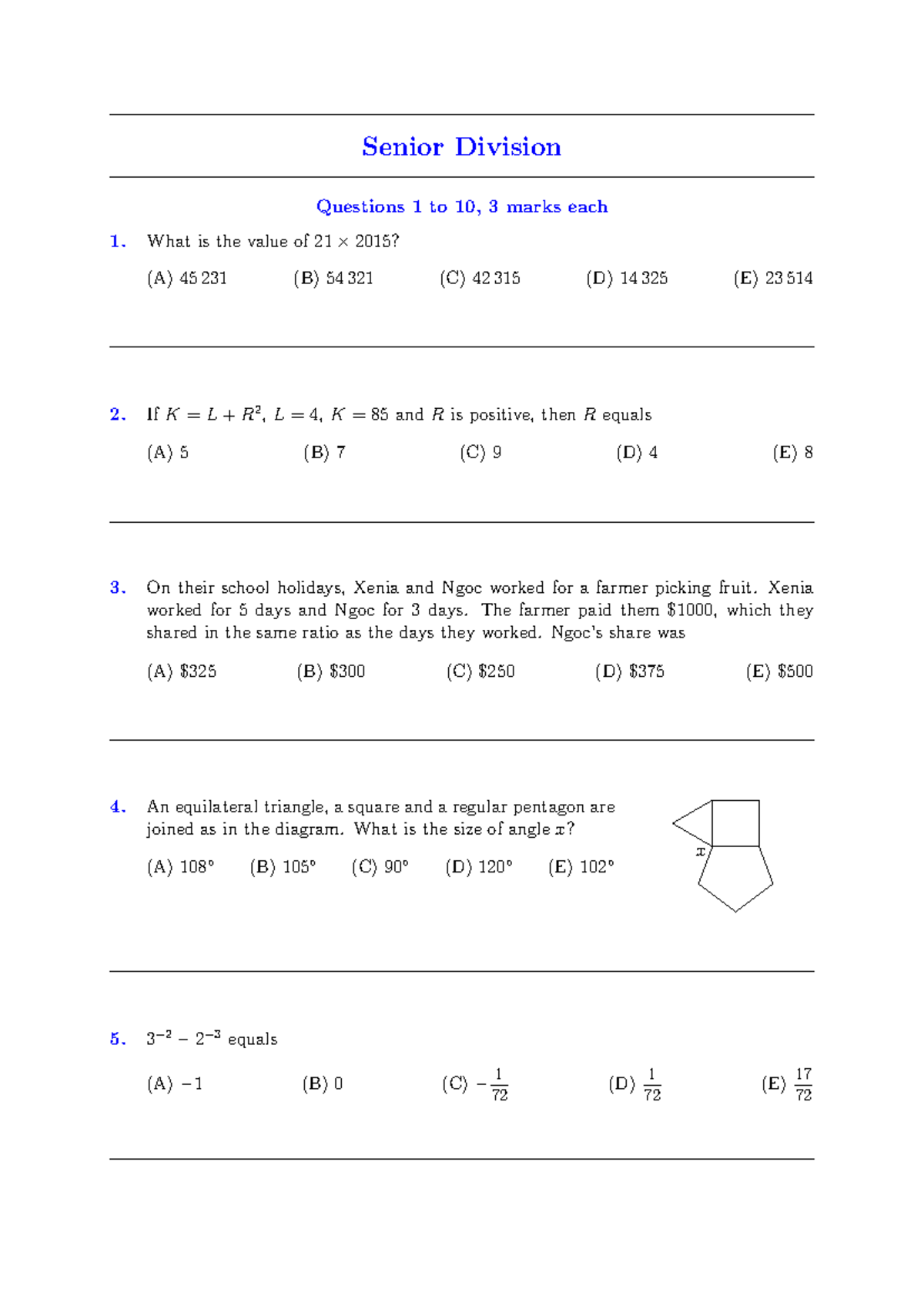 AMC 2015 Senior Division Math Problems: Questions 1-30 - Studocu