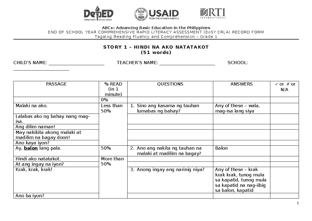 EoSY CRLA Record Form: Tagalog Reading Fluency & Comprehension Grade 1 ...