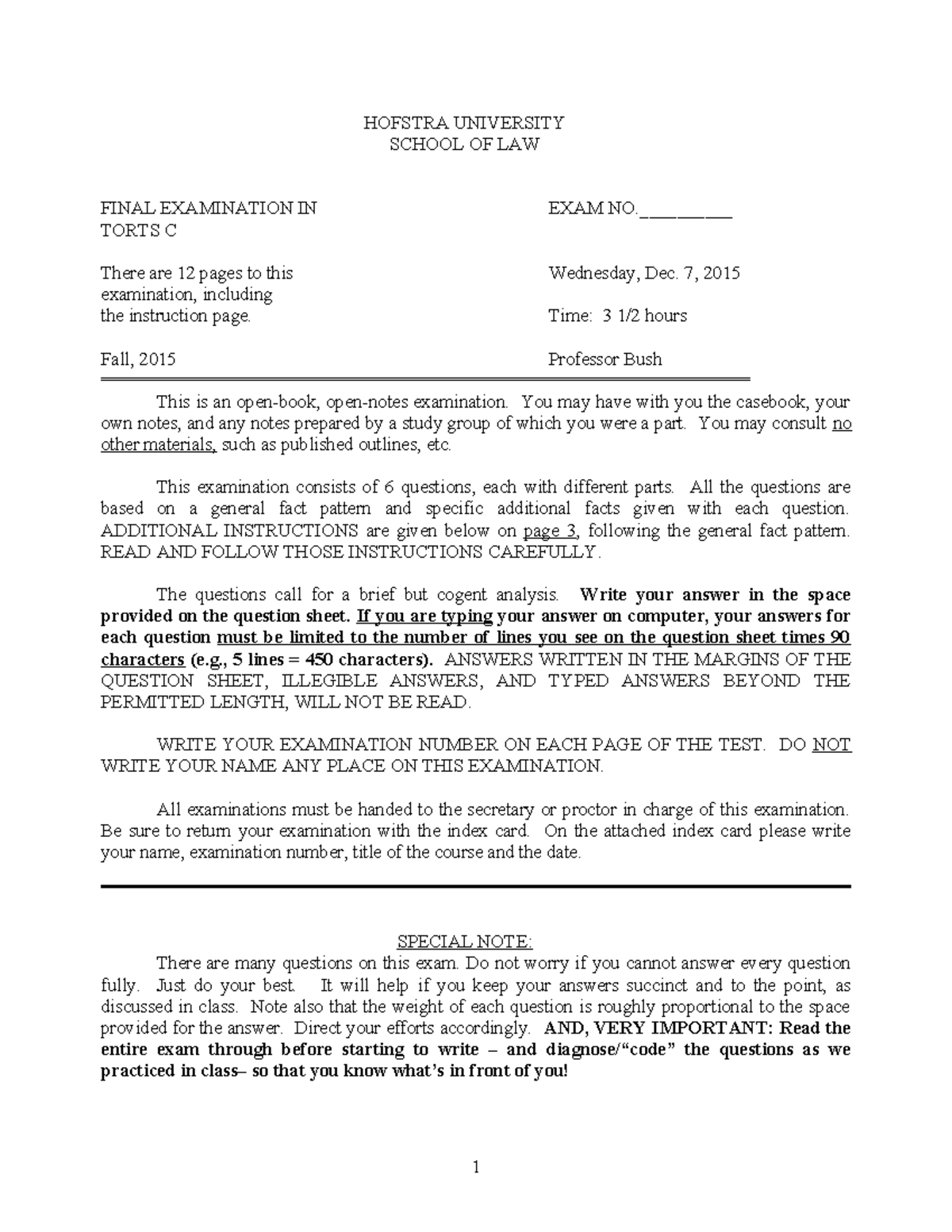 HOFSTRA LAW TORTS C FINAL EXAMINATION PRACTICE MATERIAL 2016 - Studocu