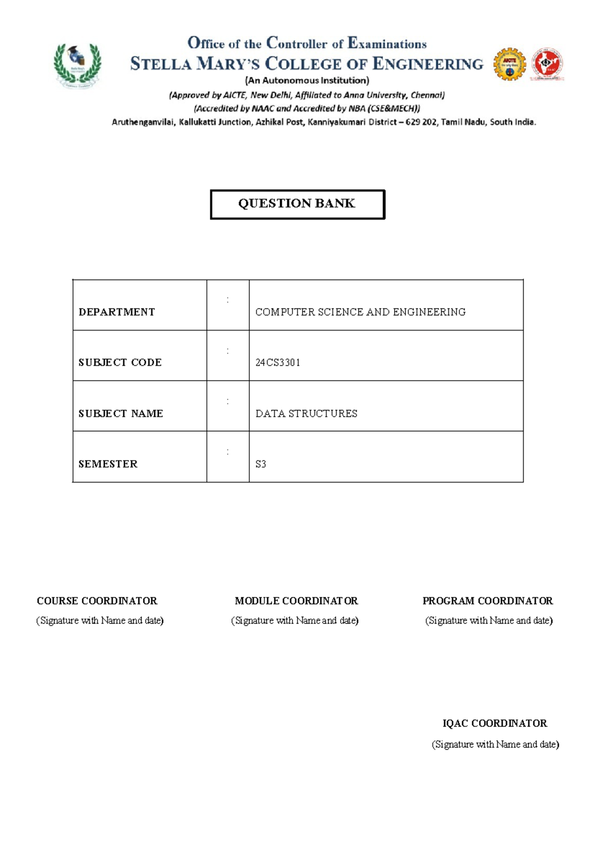 Data Structures Question Bank - 24CS3301 - Studocu
