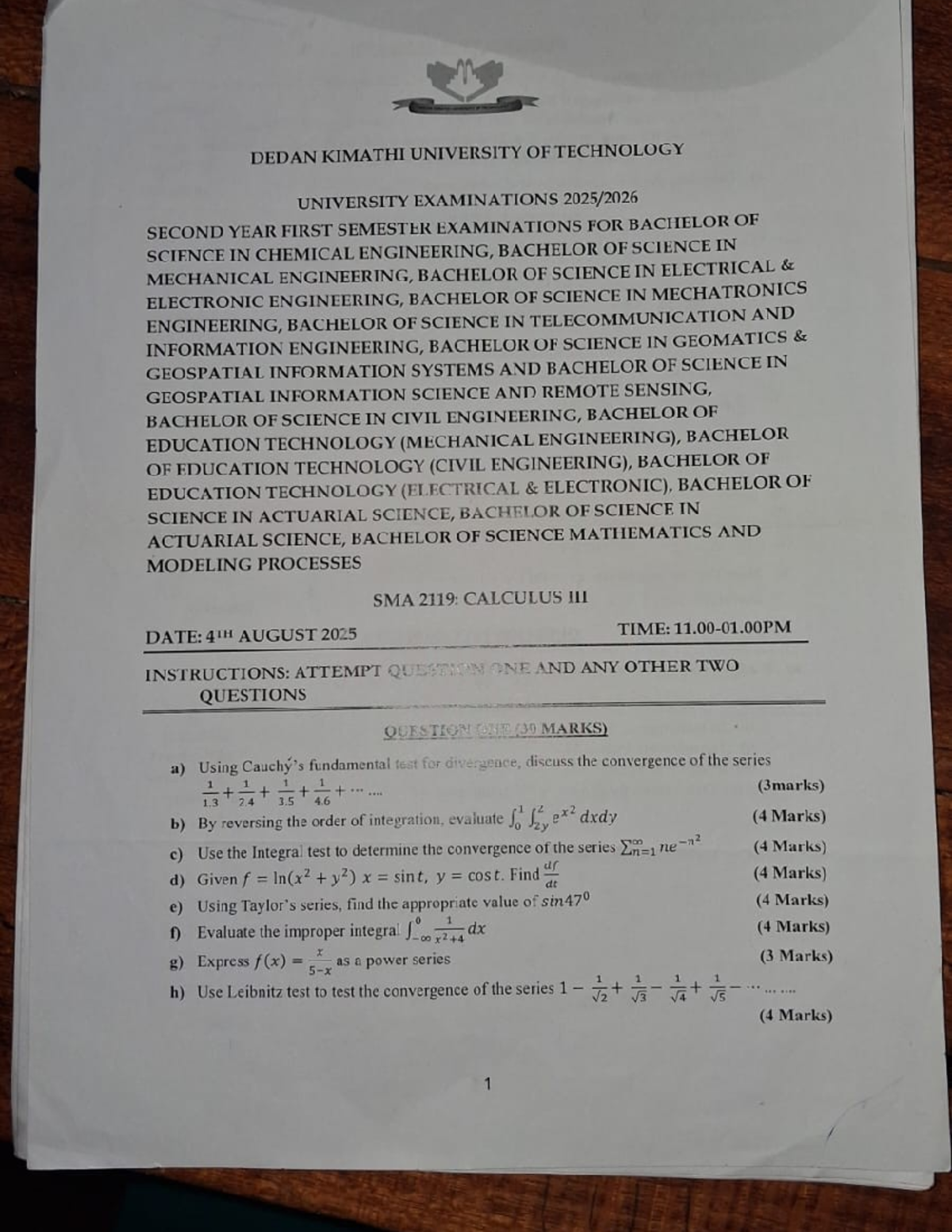 Calculus 3 Exam Paper SMA 2119 - August 4, 2025 - Studocu