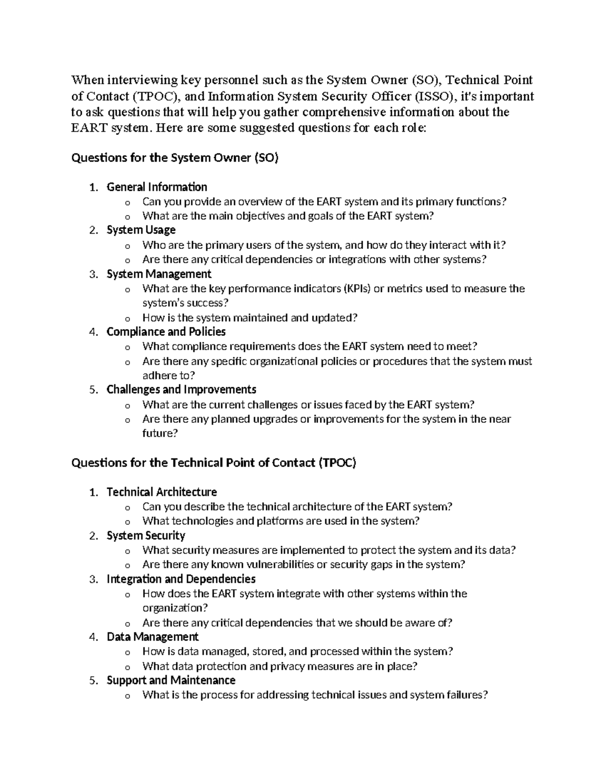 EART Q& A - Assessment Guide - When interviewing key personnel such as ...