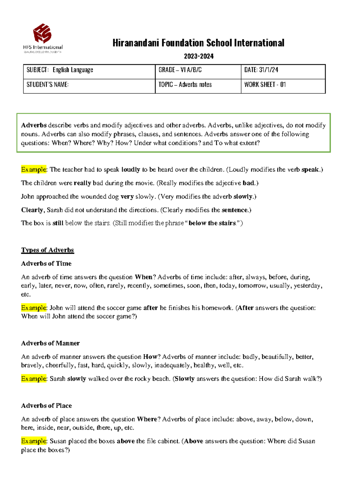 Grade VI English Language Adverbs Notes - Worksheet 01 - Studocu