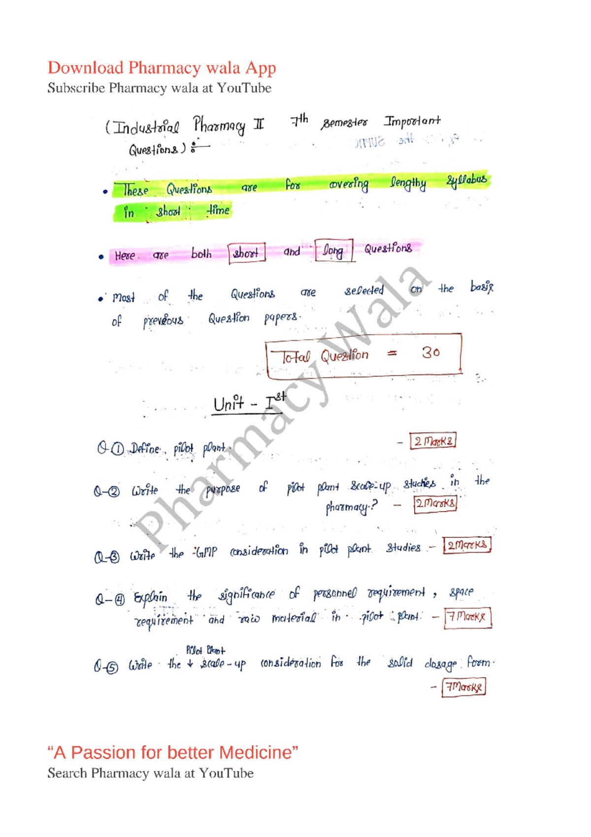 Important Questions for Industrial Pharmacy II (B Pharm) - 7th Sem - Document Preview
