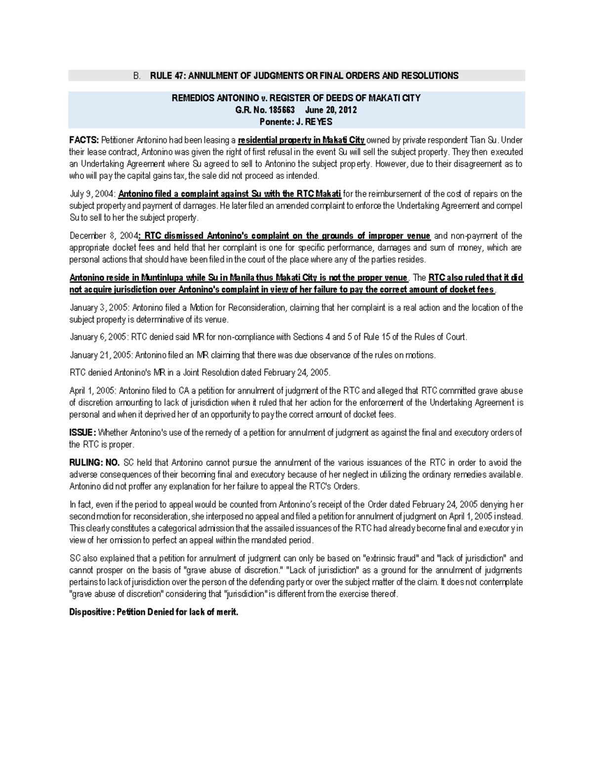CIV PRO Rule 47 Case Summary: Annulment of Judgments Analysis - Studocu