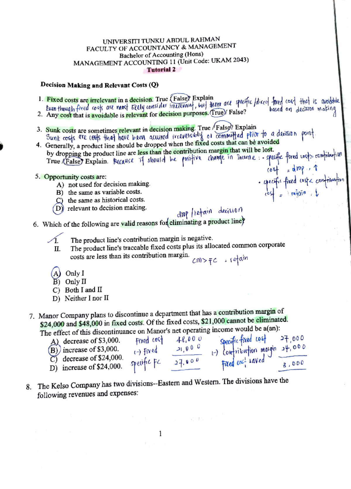 MA2-T2 - Tutorial 2 - Management Accounting ii - UTAR - Studocu