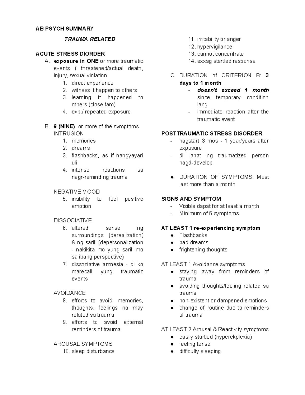 AB PSYCH SUMMARY: TRAUMA & STRESS-RELATED DISORDERS OVERVIEW - Studocu