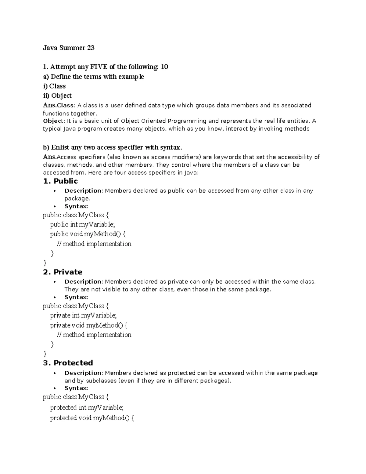Java Winter 23 - Model Answers and Paper for Exam Preparation - Studocu