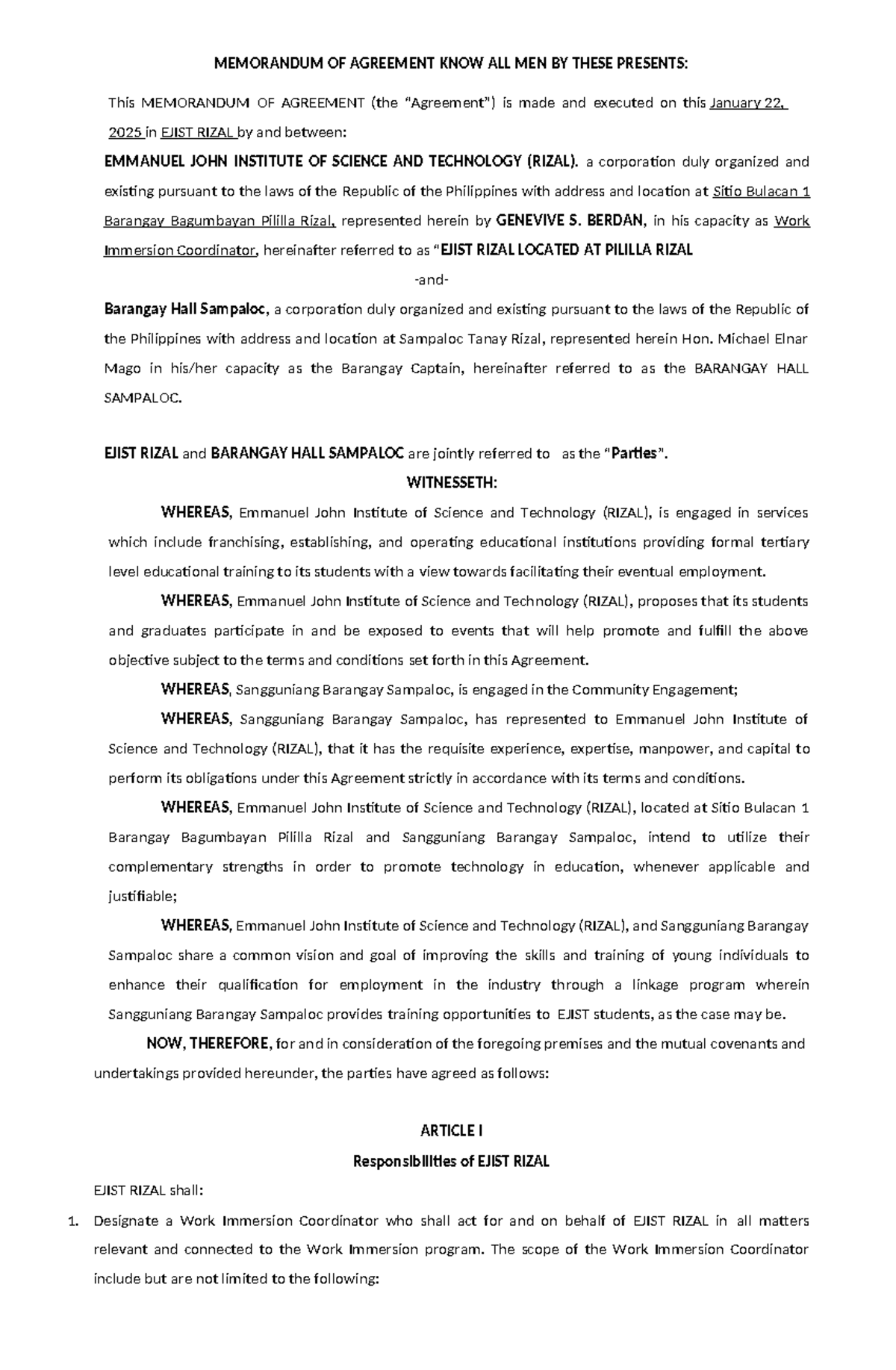 Memorandum of Agreement for Work Immersion Program (EJIST) - Studocu