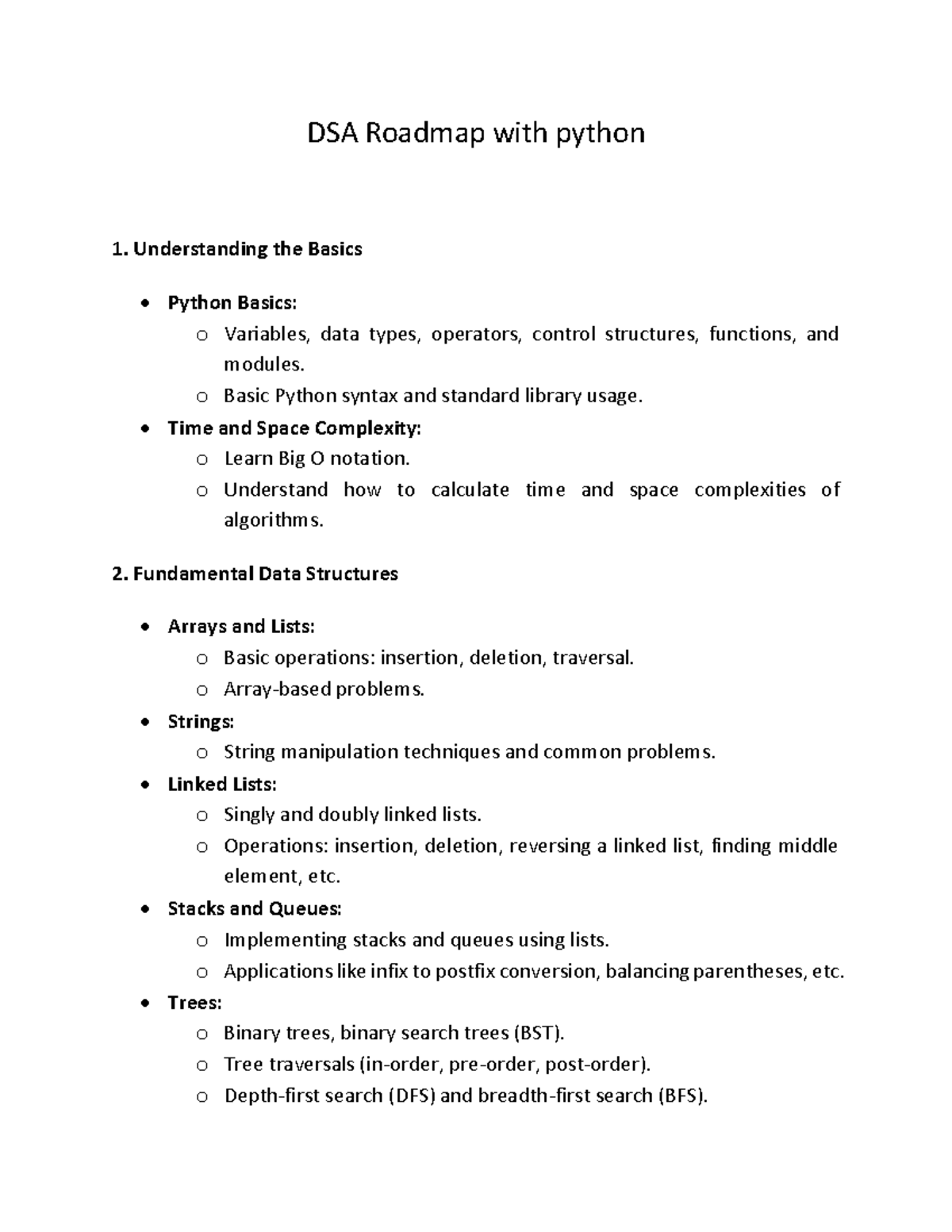 DSA Roadmap: Essential Python Concepts and Data Structures - Studocu