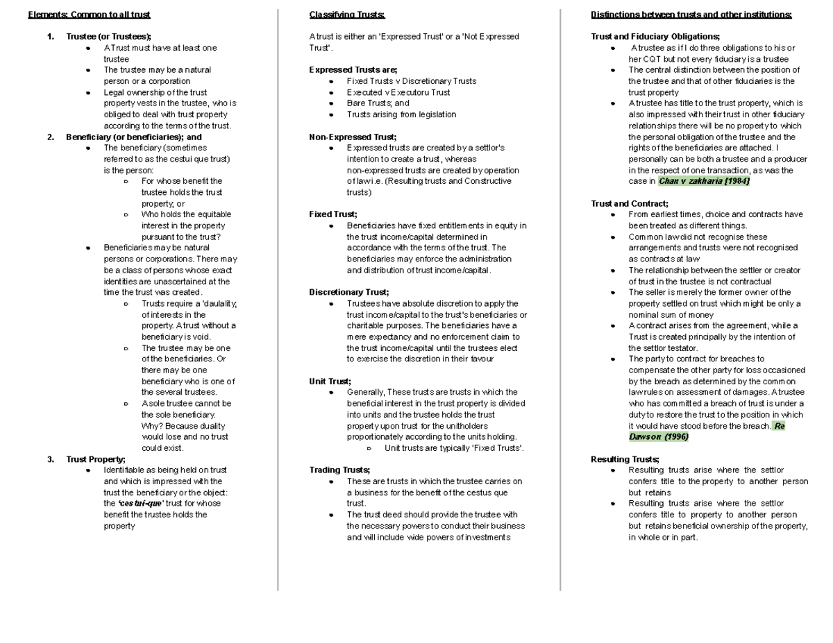 Trust Notes For exam - Elements: Common to all trust 1. Trustee (or ...