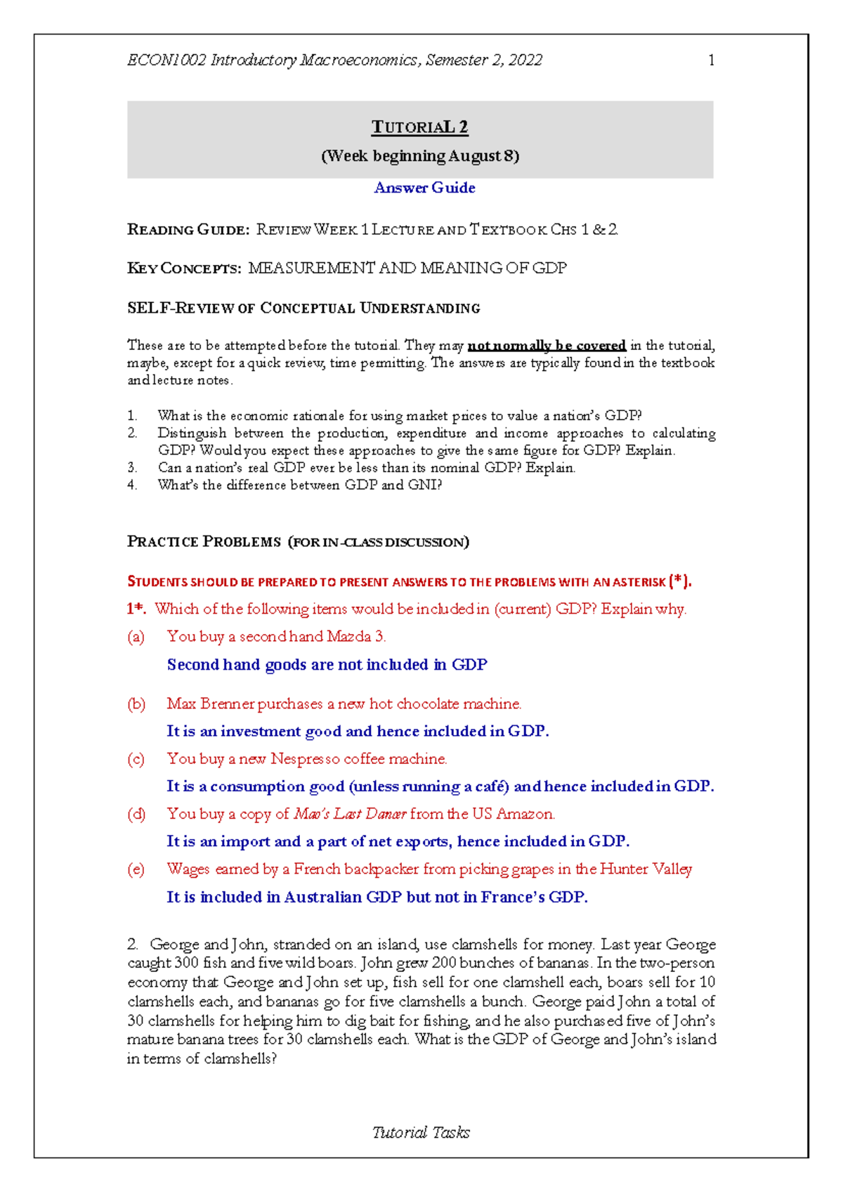 ECON1002 Tutorial 2 Answer Guide: GDP Concepts & Practice Problems ...