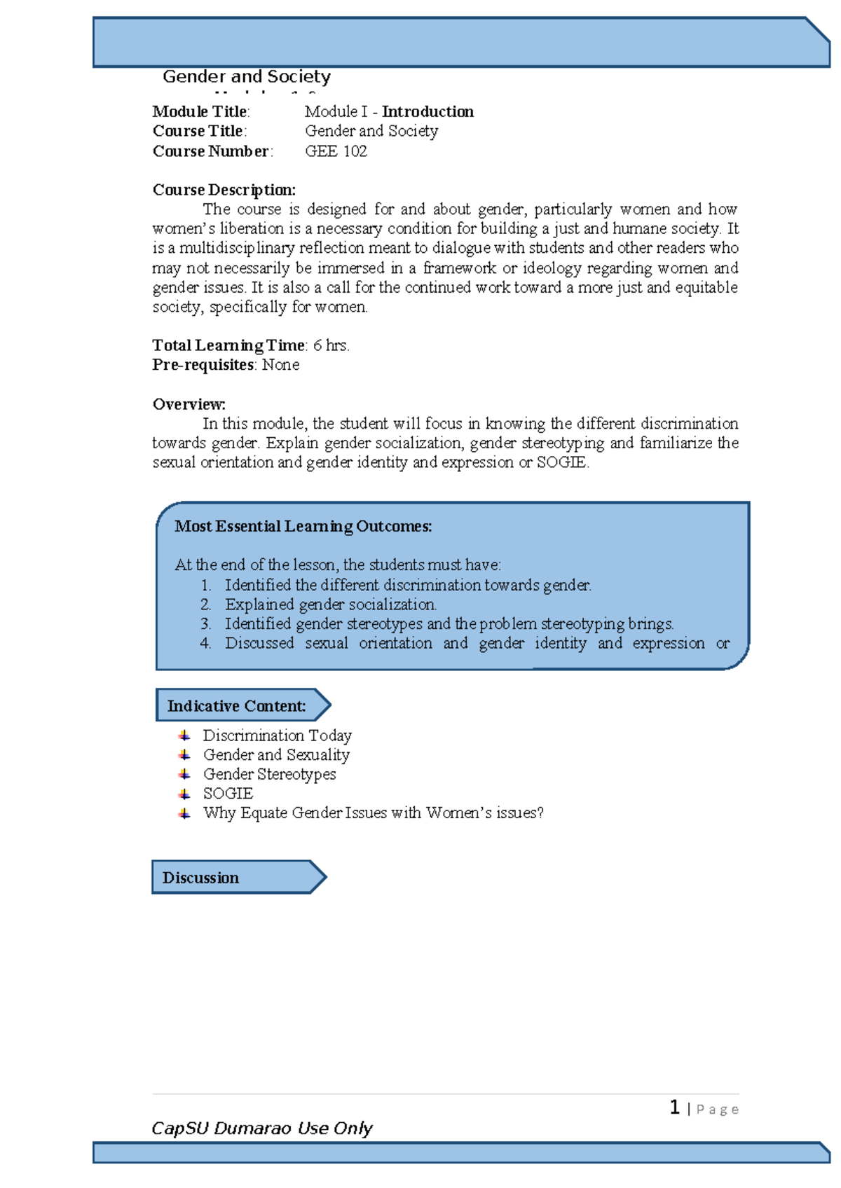 Gender and Society Module I: Introduction to Gender Discrimination (GEE ...