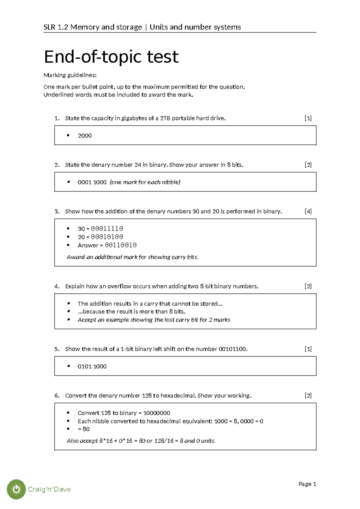 1.2 Test 3 - Memory & Storage Units and Number Systems Answers - Studocu