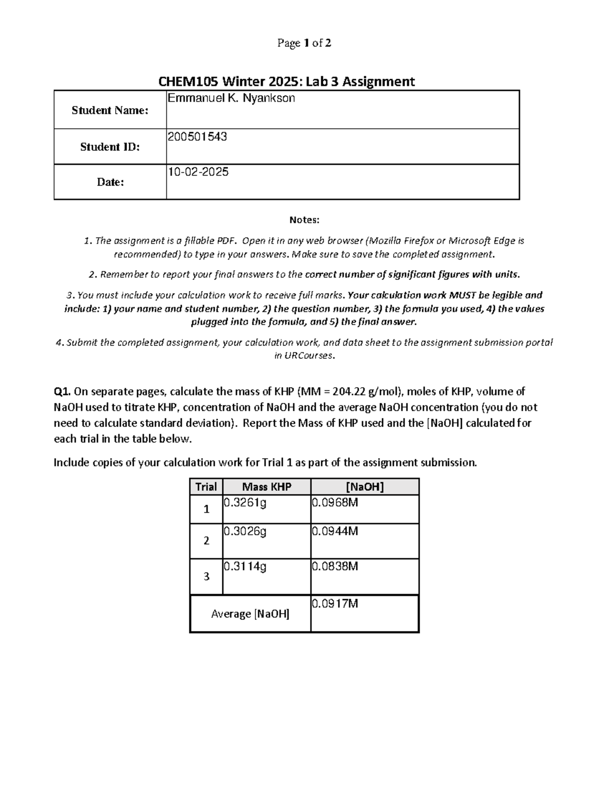 CHEM105 Winter 2025 Lab 3 Assignment Solution - Page 1 of 2 CHEM105 ...