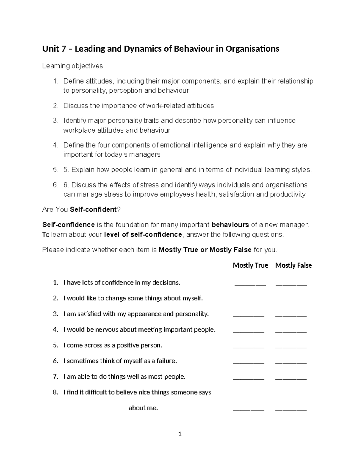 Unit 7 - Leading and Dynamics of Behaviour in Organisations (recently ...