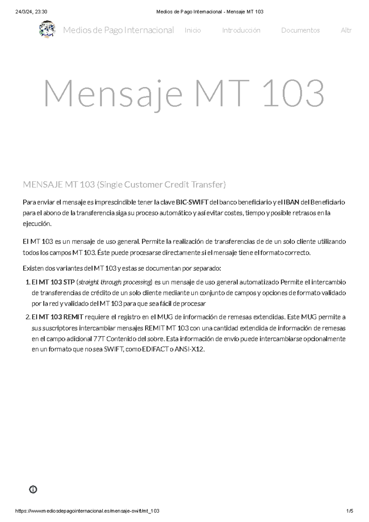 Medios de Pago Internacional - Mensaje MT 103 - Mensaje MT 103 MENSAJE ...