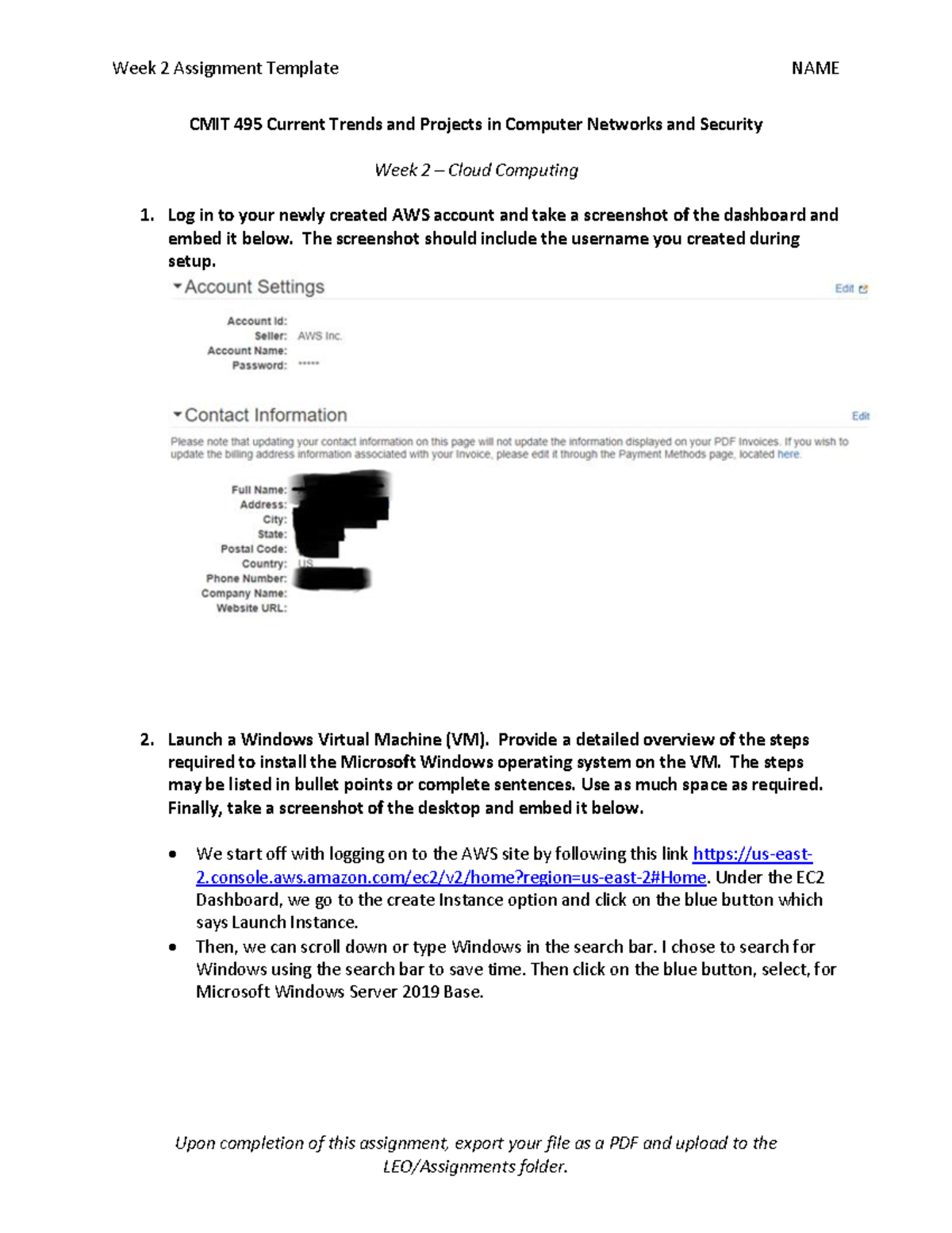 CMIT495 - Week 2 AWS Cloud Computing Assignment Instructions - Studocu