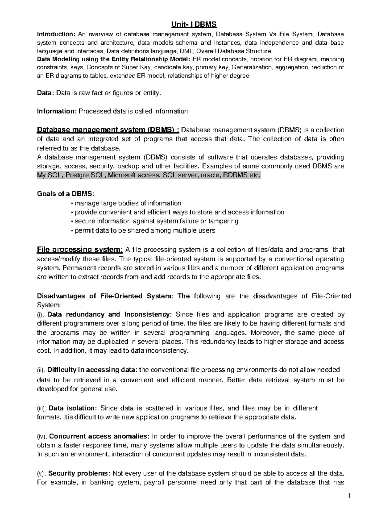 UNIT 1 MCA DBMS: Comprehensive Notes on Database Management Systems ...