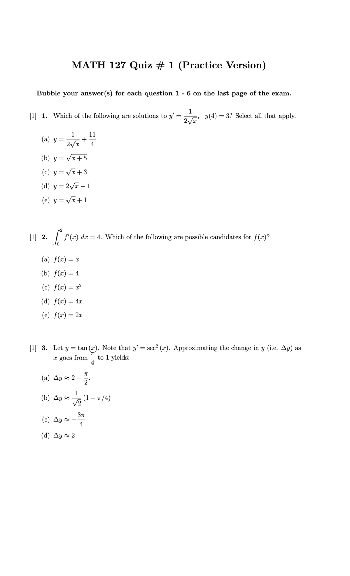 Practice Quiz 1 for MATH 127 - Autumn Semester 2023 - Studocu