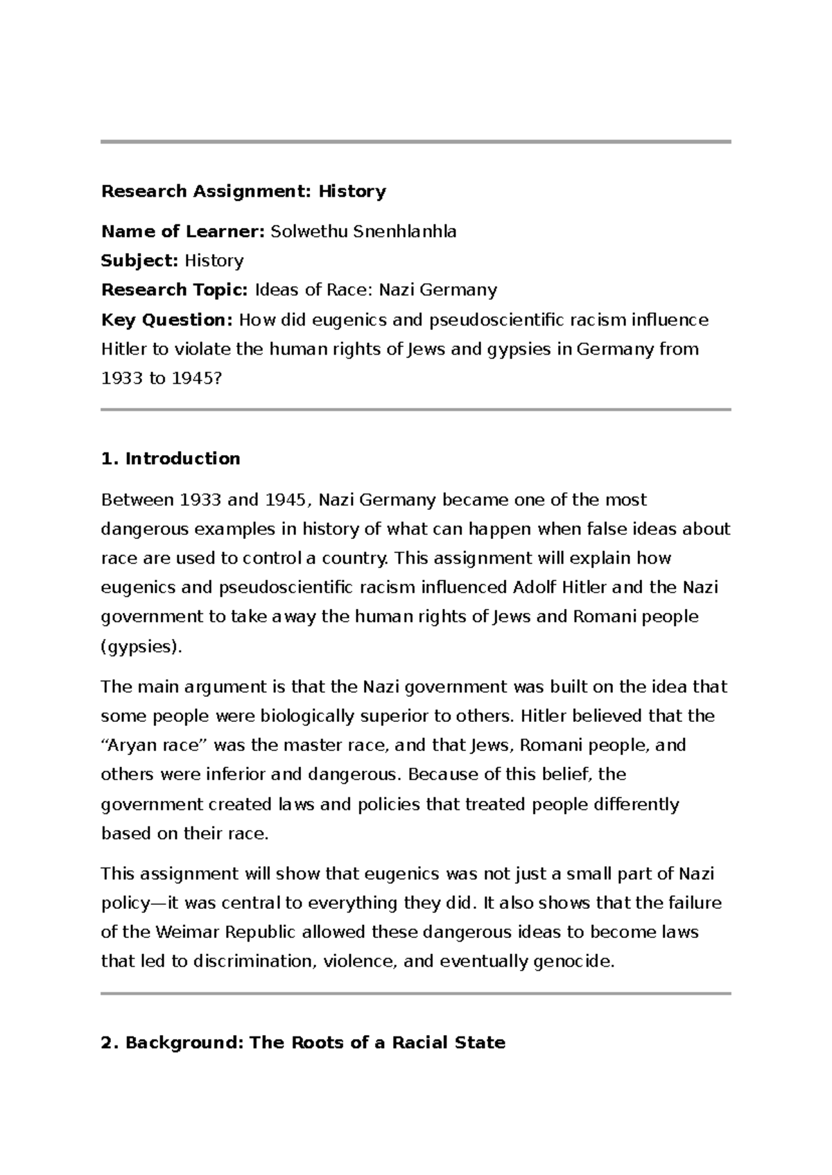 Research Assignment: Ideas of Race in Nazi Germany (HIST 101) - Studocu