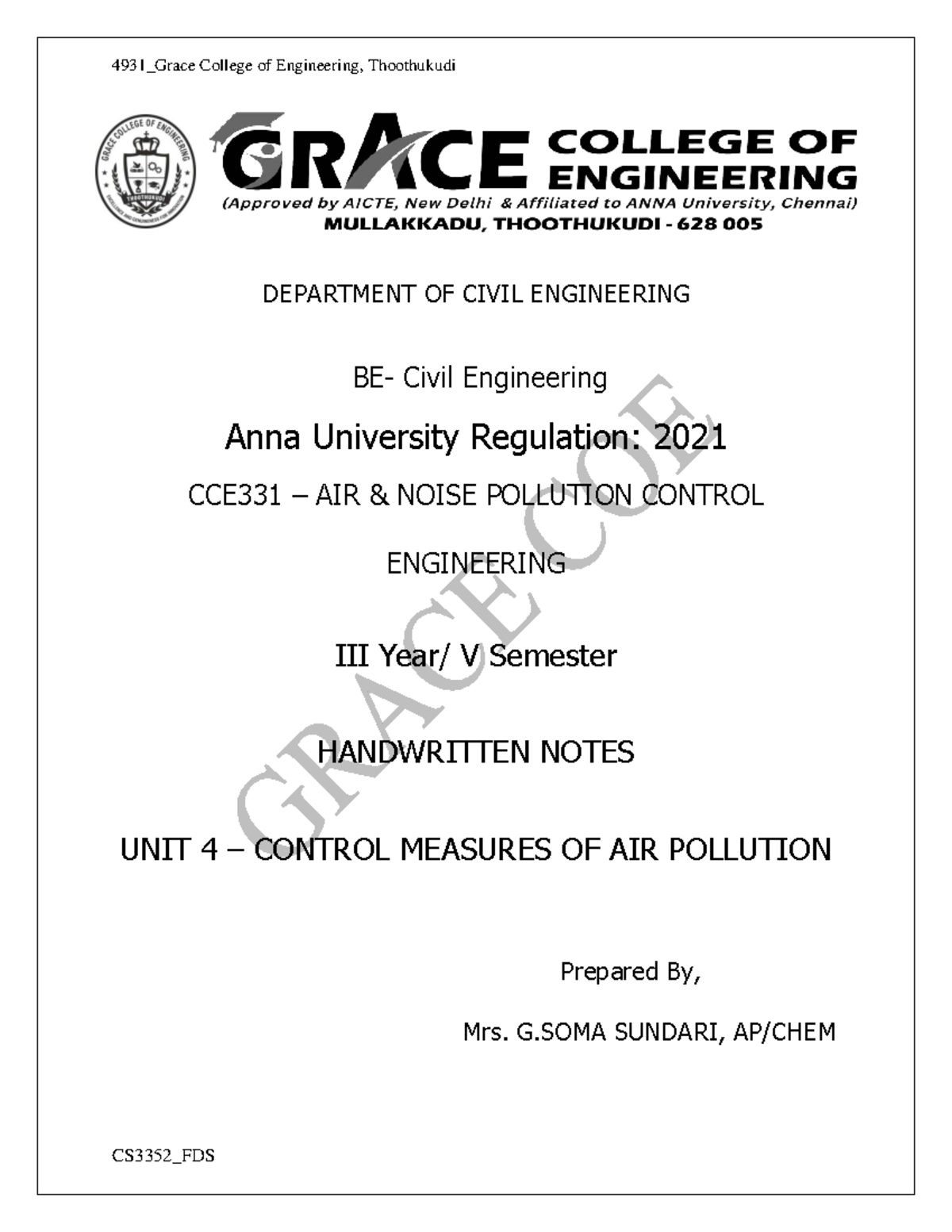 CCE331_Air Noise Pollution Control Engineering Unit 4 Notes - Studocu