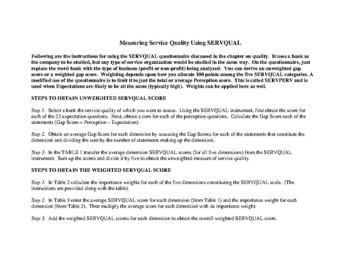 SERVQUAL Questionnaire for Banking Service Quality Assessment - Studocu