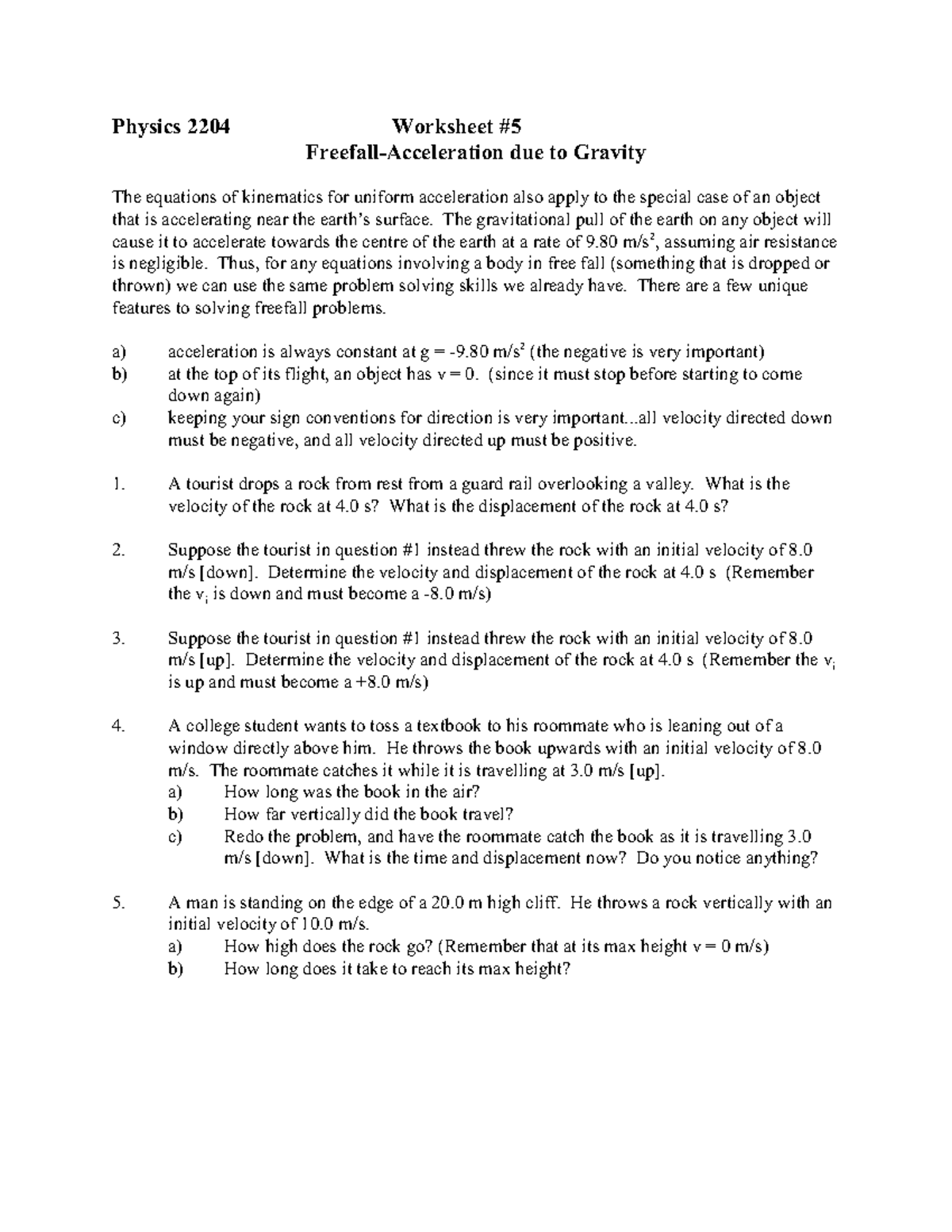 Physics 2204 Freefall Worksheet: Understanding Gravity's Acceleration ...