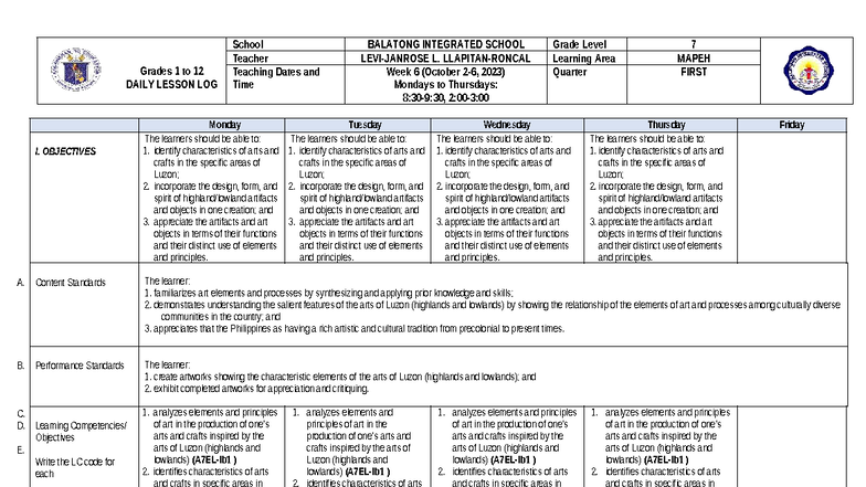 WEEK 6 DAILY LESSON LOG (DLL) FOR ARTS - GRADE 7 MAPEH - Studocu