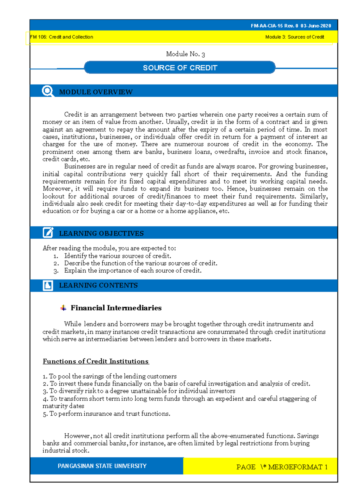 FM 106: Credit and Collection Module 3 - Overview of Credit Sources ...