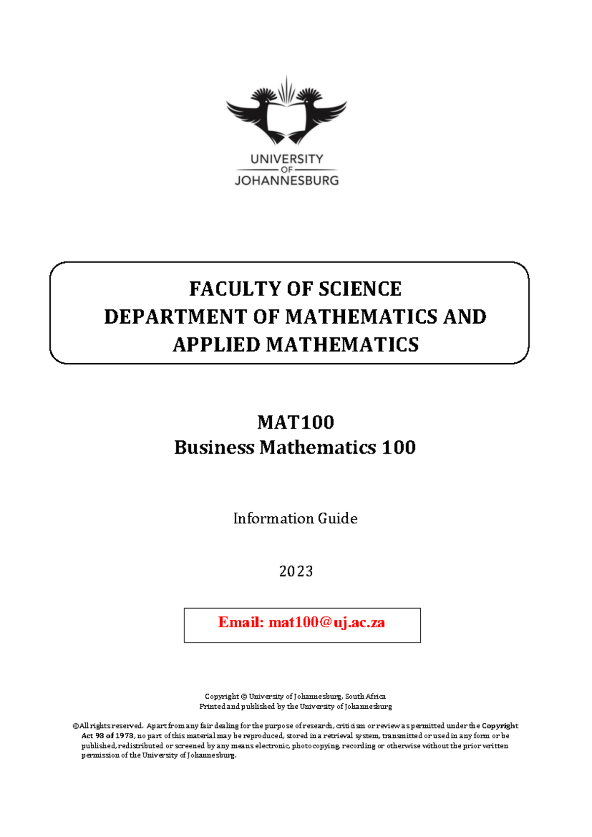 MAT100 Information Guide 2023 - FACULTY OF SCIENCE DEPARTMENT OF ...