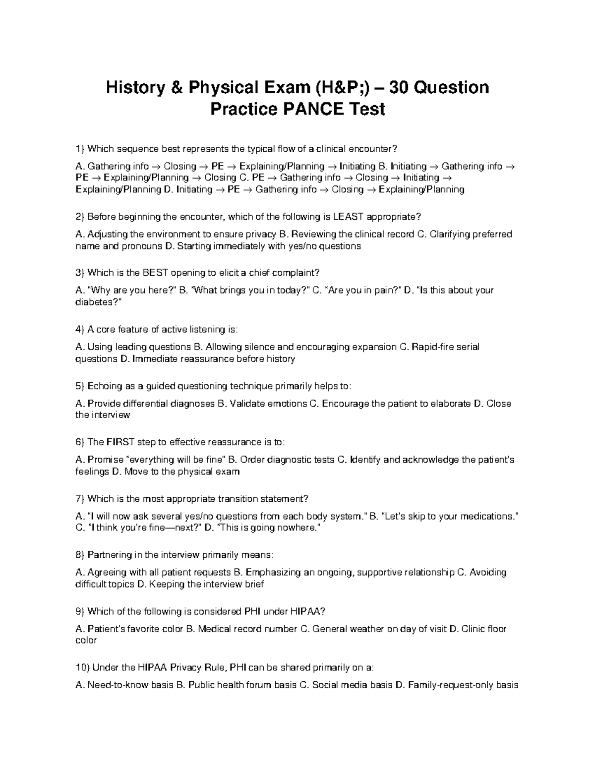H&P Practice Test 30Q: History Physical Exam Questions for PANCE - Studocu