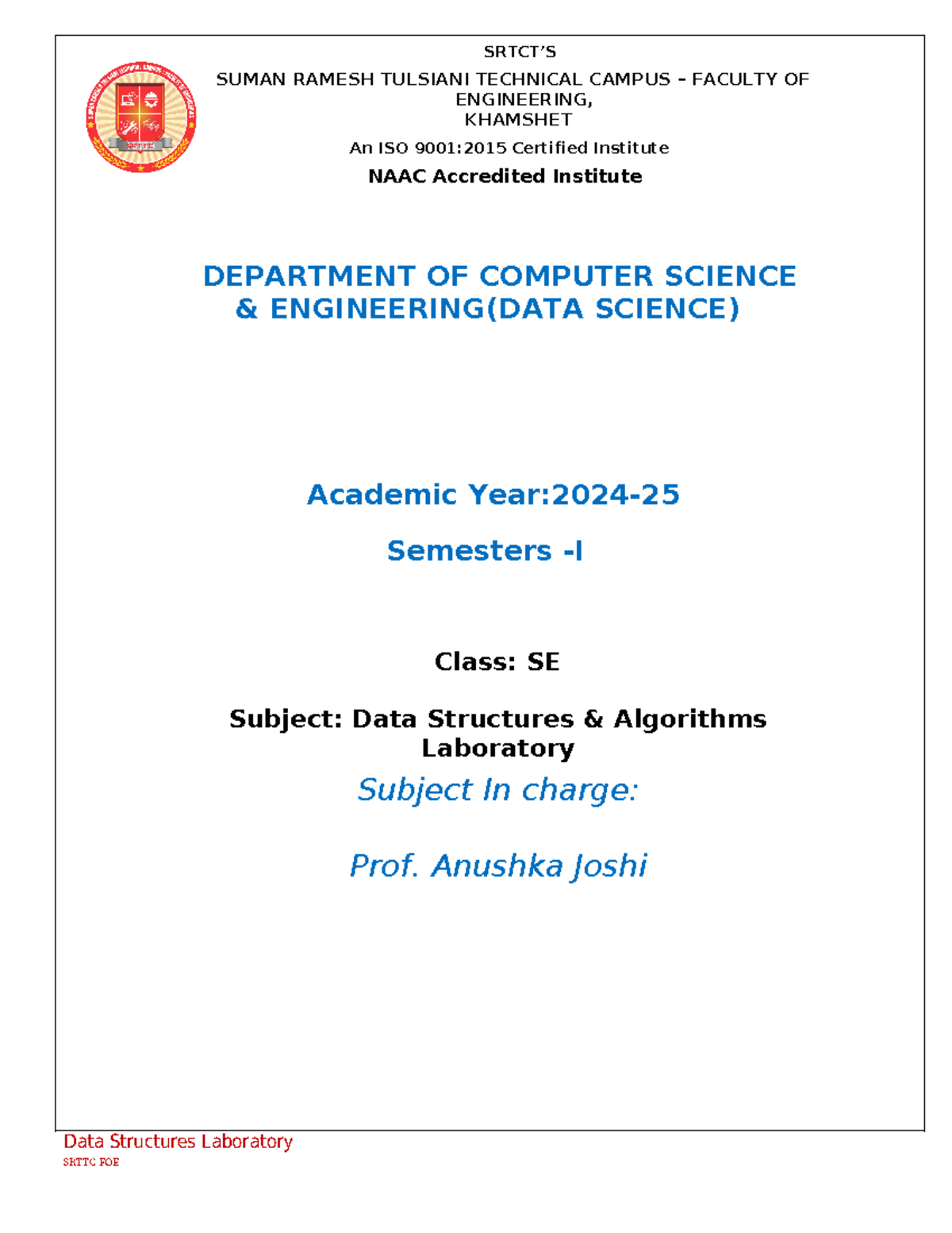 DSA Lab Manual for SE CSEDS: Experiments & Practical Guide - Studocu