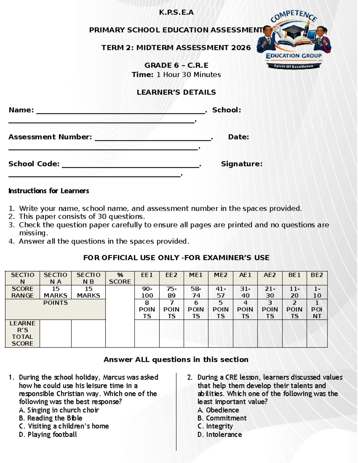 K.P.S.E.A GRADE 6 C.R.E MIDTERM ASSESSMENT TERM 2 2026 - Studocu