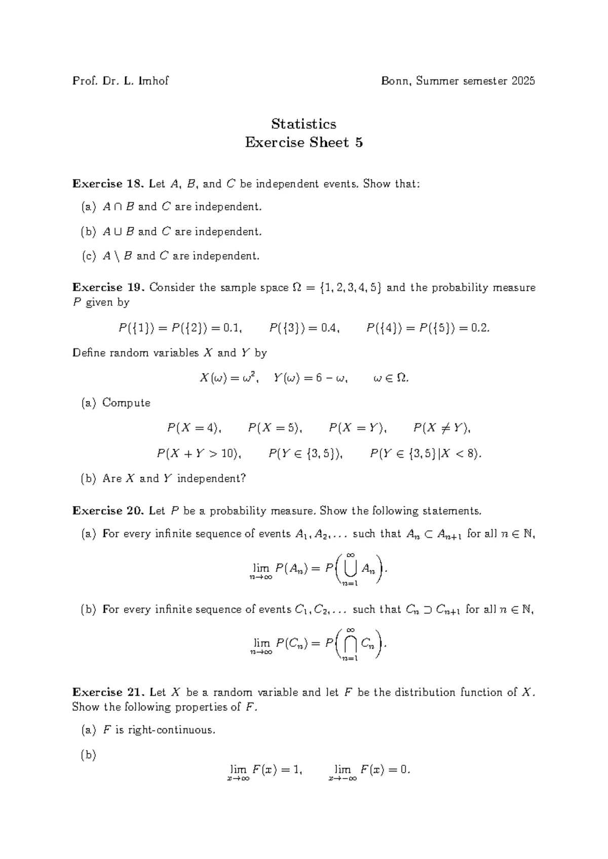 Statistics Exercise Sheet 6 - Prof. Dr. L. Imhof Bonn, Summer 2025 ...
