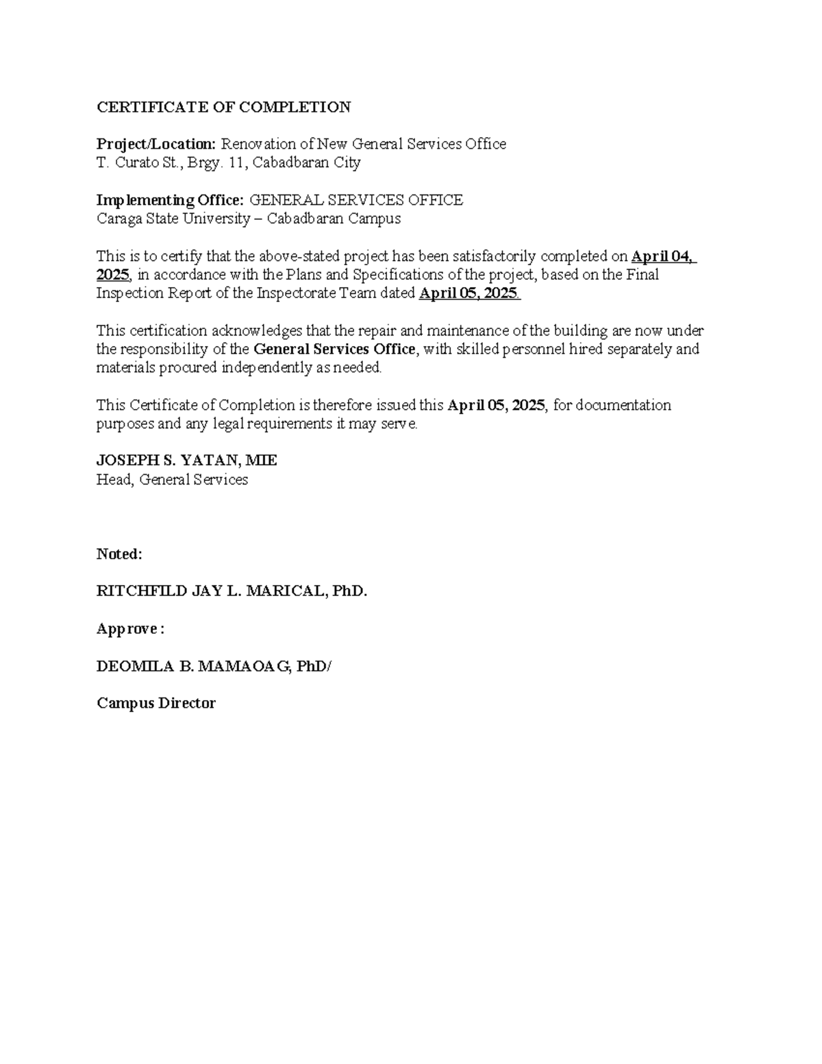 Certificate OF Completion gso - CERTIFICATE OF COMPLETION Project ...