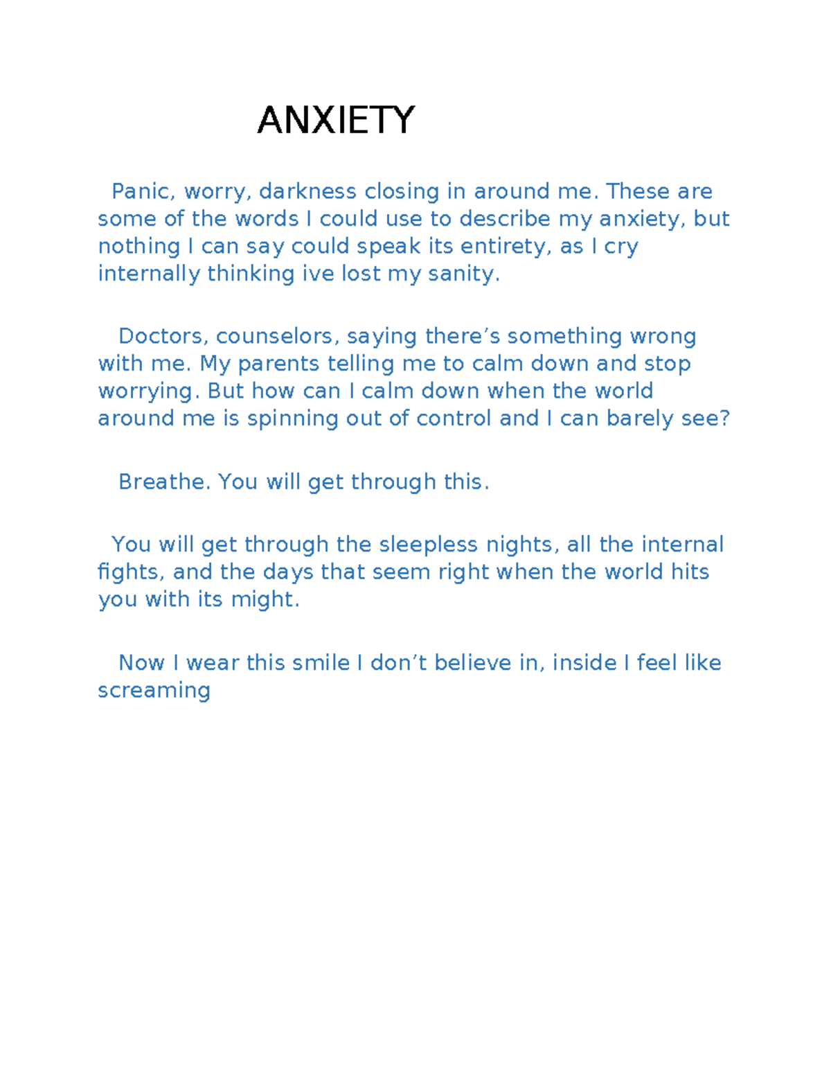 Anxiety: A Personal Reflection on Inner Struggles and Hope - Studocu