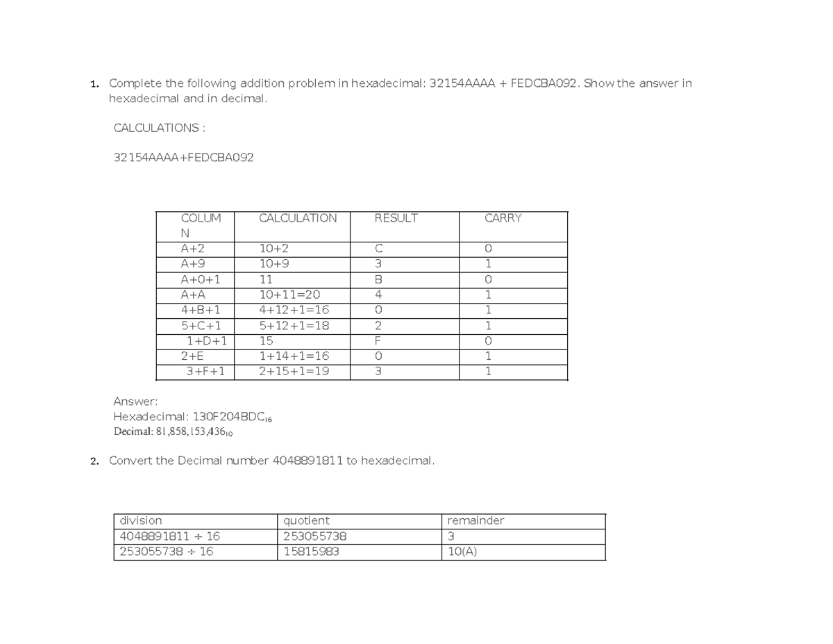 Assignment 2 - Number Manipulation in Hexadecimal and Decimal ...
