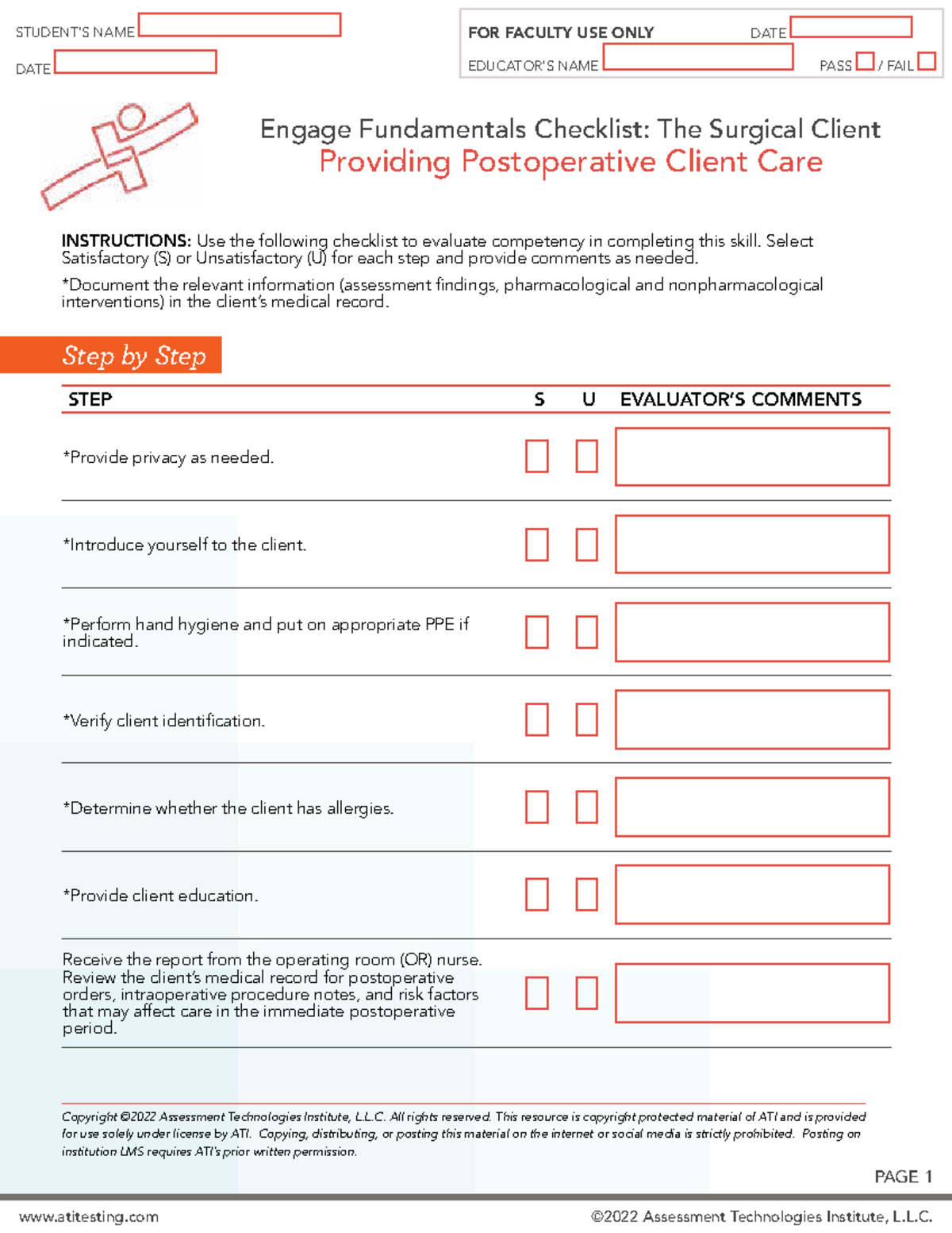 Surgical Client Care Skills Checklist: Postoperative Competency ...