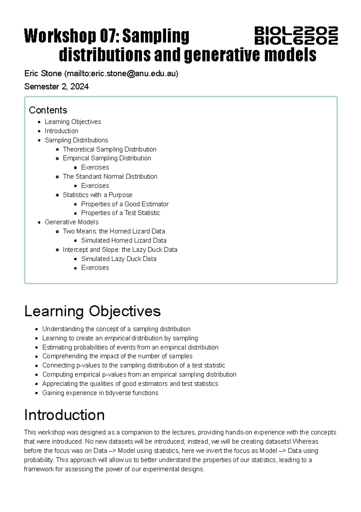Workshop 07: Sampling Distributions & Generative Models (Eric Stone ...