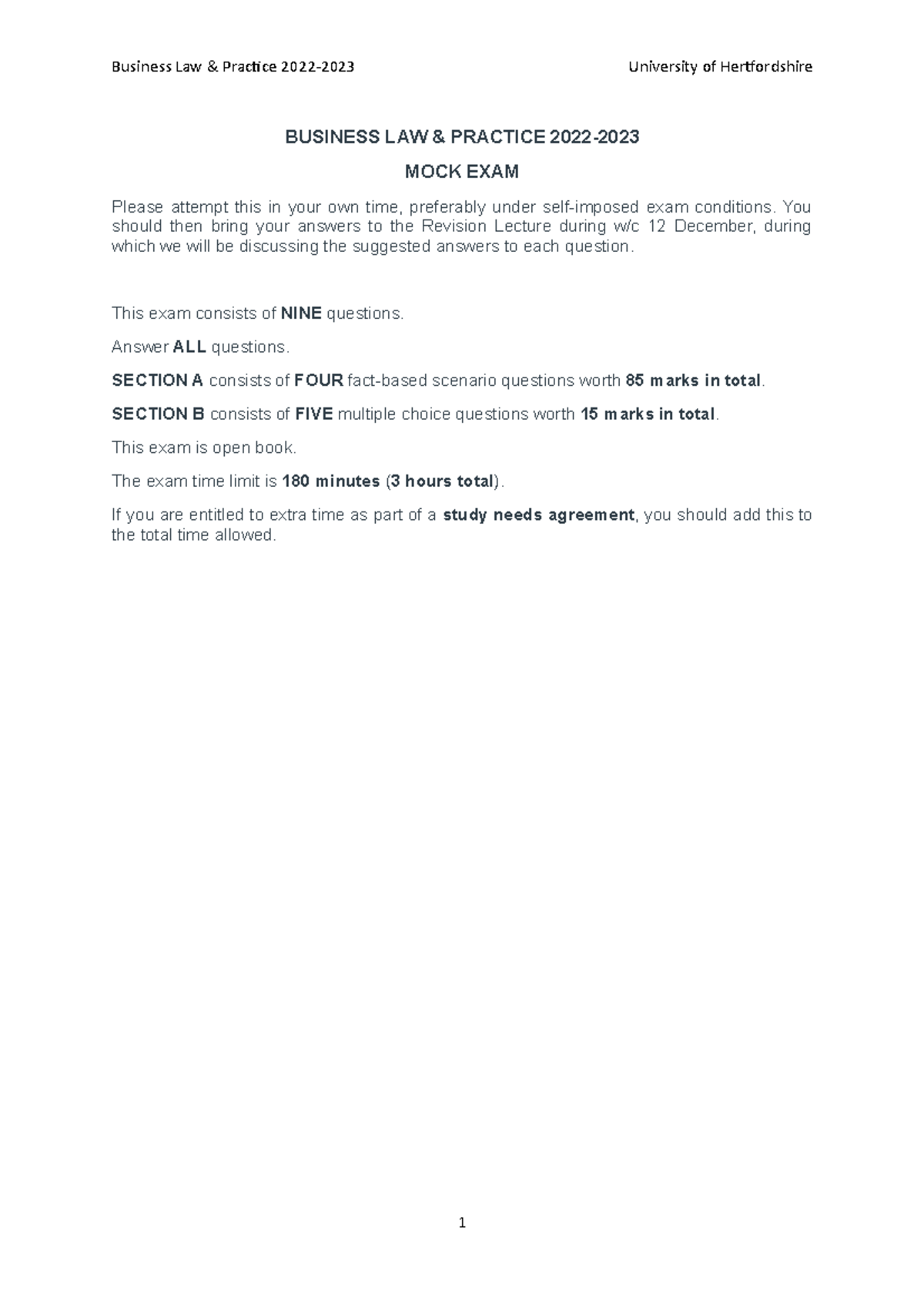 BLP Mock Exam Question Paper 2022-2023: Business Law & Practice - Studocu
